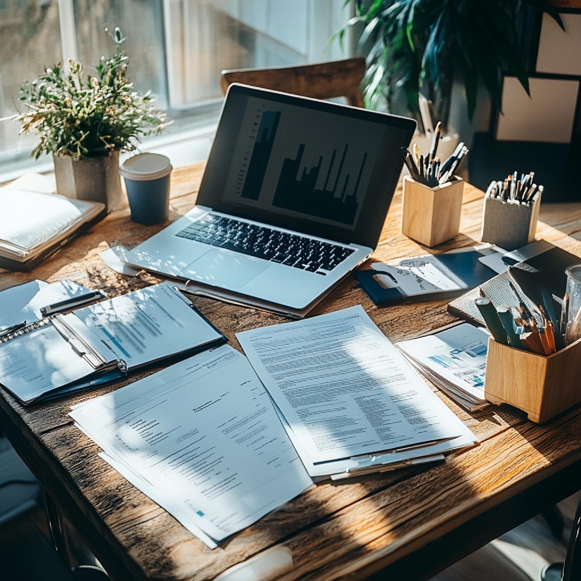Arbeitstisch mit Finanzunterlagen und Laptop